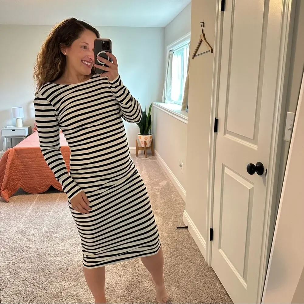NWT J. Crew White Black Striped Cotton Long Sleeve MIDI Dress 6